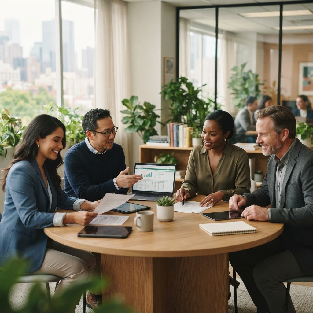 Kacu lending advisors collaborating in a modern office
