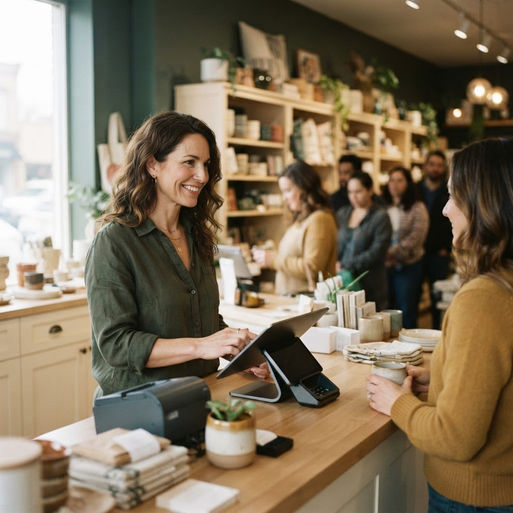A shop owner managing steady cash flow behind the counter